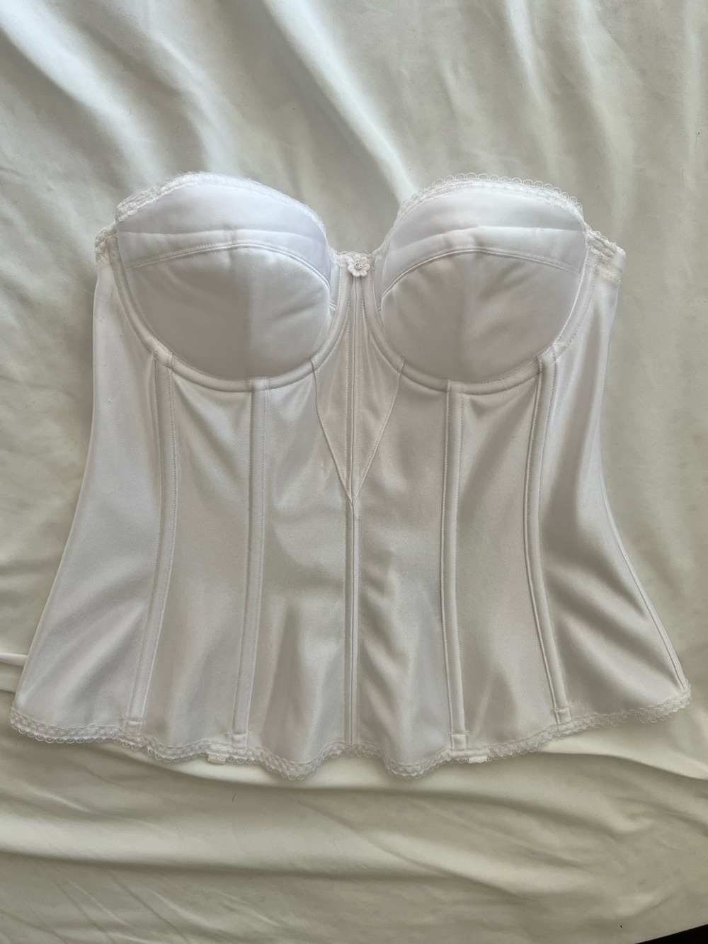 Dominique white boned corset, lace, rhinestone details, low back, 38A, vintage